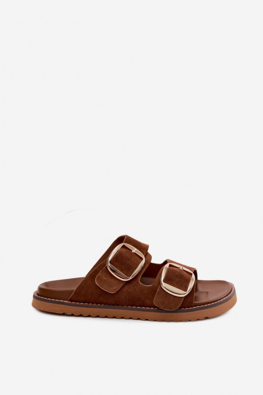 Women's Suede-Look Slides With Gold Buckles Camel Averia