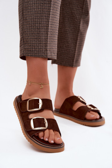 Women's Faux Suede Slides With Gold Buckles Chocolate Brown Averia 2