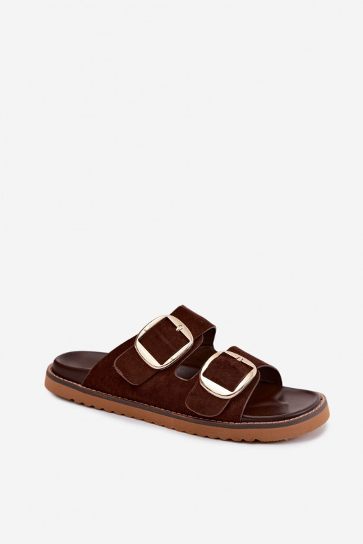 Women's Faux Suede Slides With Gold Buckles Chocolate Brown Averia
