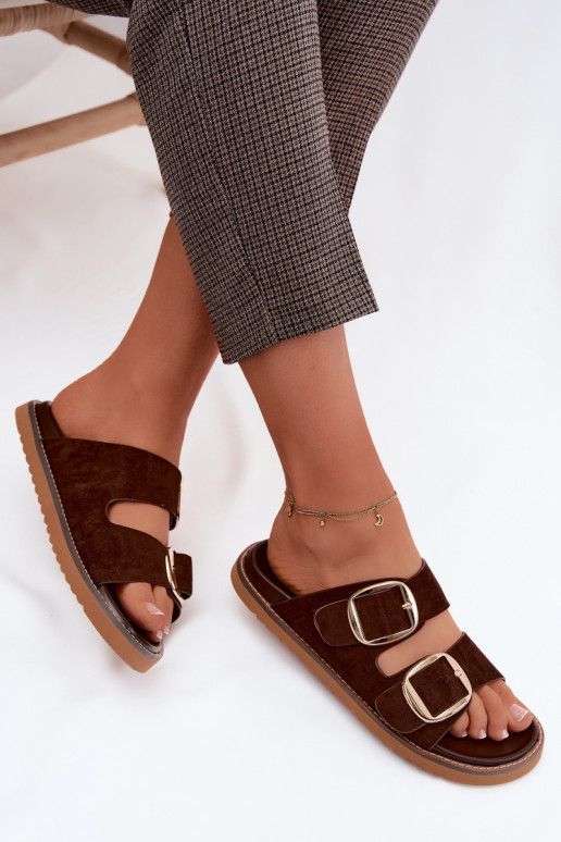 Women's Faux Suede Slides With Gold Buckles Chocolate Brown Averia