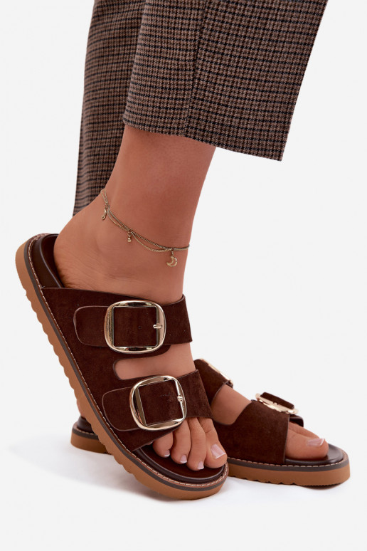 Women's Faux Suede Slides With Gold Buckles Chocolate Brown Averia