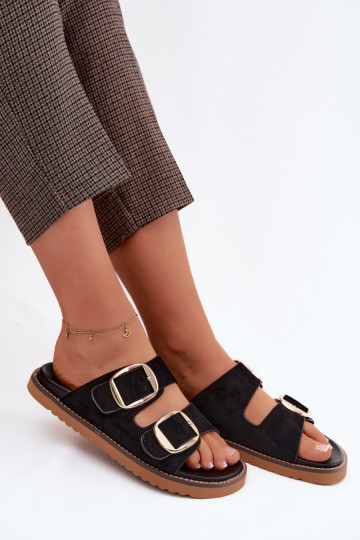 Women's slippers in faux suede with golden buckles in black Averia