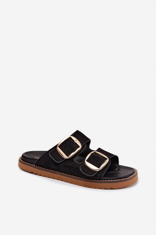 Women's Faux Suede Slides With Gold Buckles Black Averia