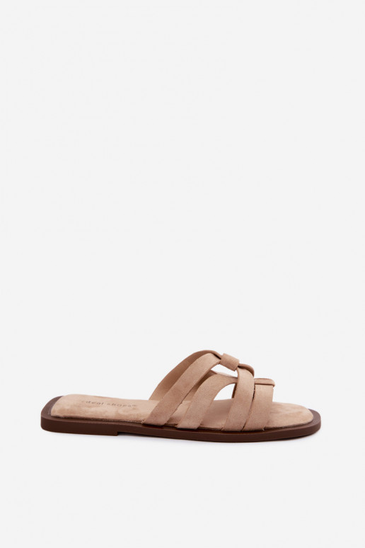 Women's Flat Slides With Straps Faux Suede Beige Calvia