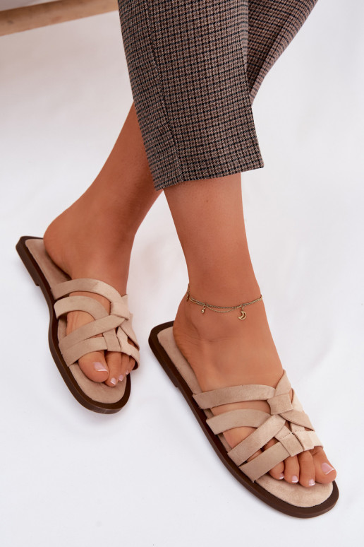Women's Flat Slides With Straps Faux Suede Beige Calvia