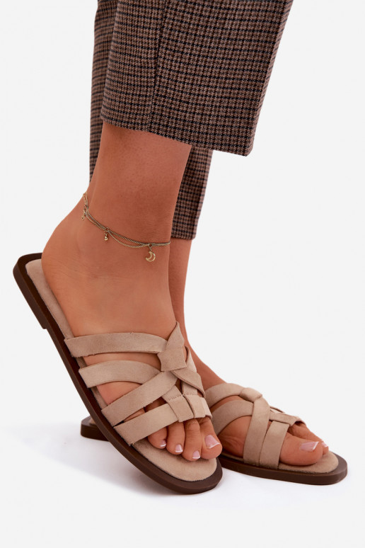 Women's Flat Slides With Straps Faux Suede Beige Calvia