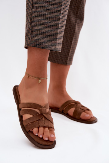 Women's Flat Sandals With Straps Faux Suede Brown Calvia 2