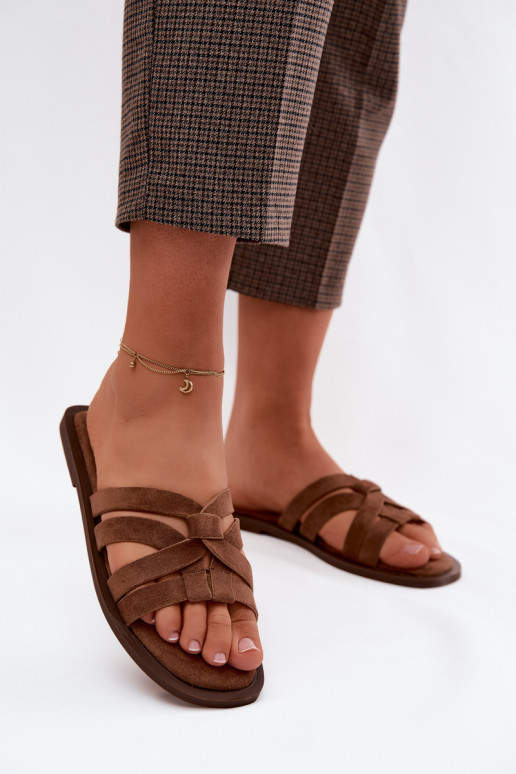 Women's slippers with straps in faux suede in brown color Calvia