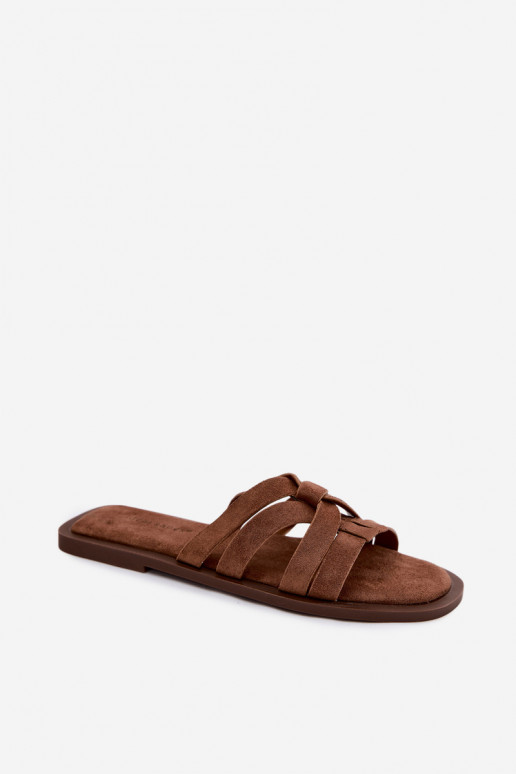 Women's Flat Sandals With Straps Faux Suede Brown Calvia