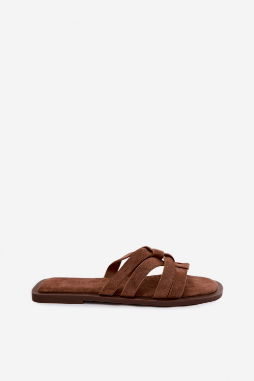 Women's Flat Sandals With Straps Faux Suede Brown Calvia