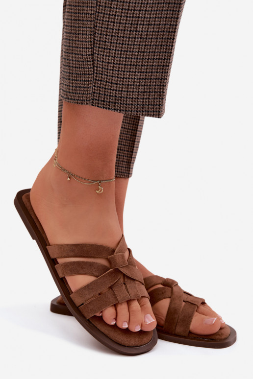 Women's Flat Sandals With Straps Faux Suede Brown Calvia