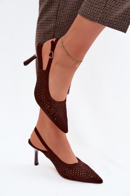 Ażurowe Sandały Damskie Na SzpilcewithImitacji Zamszu Czekoladowe Velvia