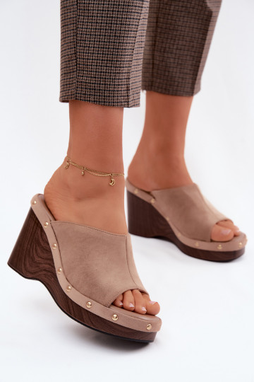 Women's Platform Sandals Made of Faux Suede with Gold Buckles Dark Beige Norvia