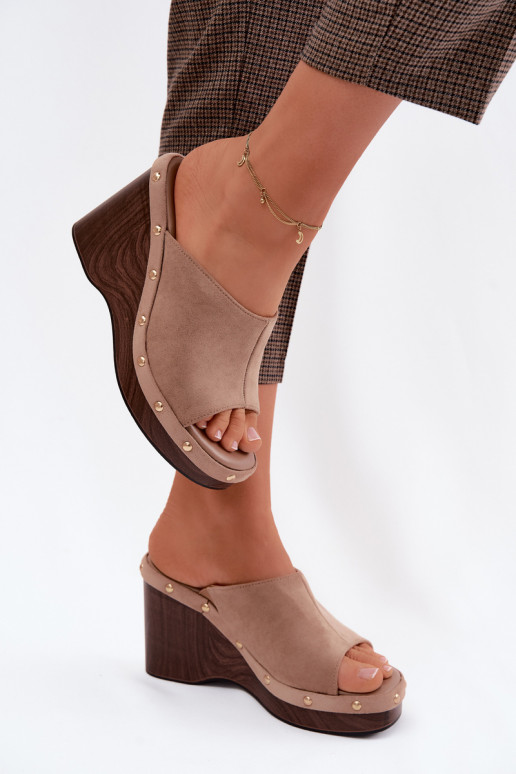 Women's Platform Sandals Made of Faux Suede with Gold Buckles Dark Beige Norvia