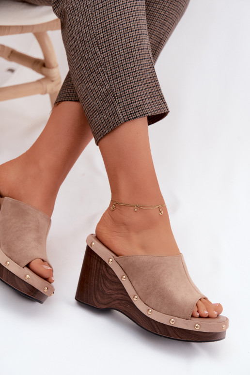 Women's Platform Sandals Made of Faux Suede with Gold Buckles Dark Beige Norvia