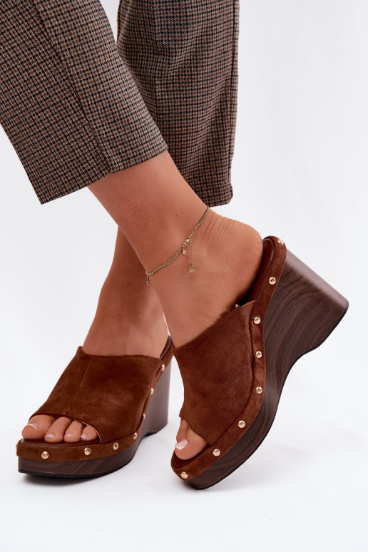 Women's Platform Sandals with Faux Suede Gold Buckles Camel Norvia