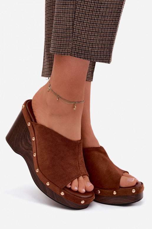 Women's slippers with platform in faux suede with golden studs in brown color Norvia