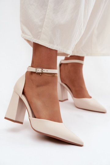 Light Beige Imitation Leather Block Heel Shoes Selvra
