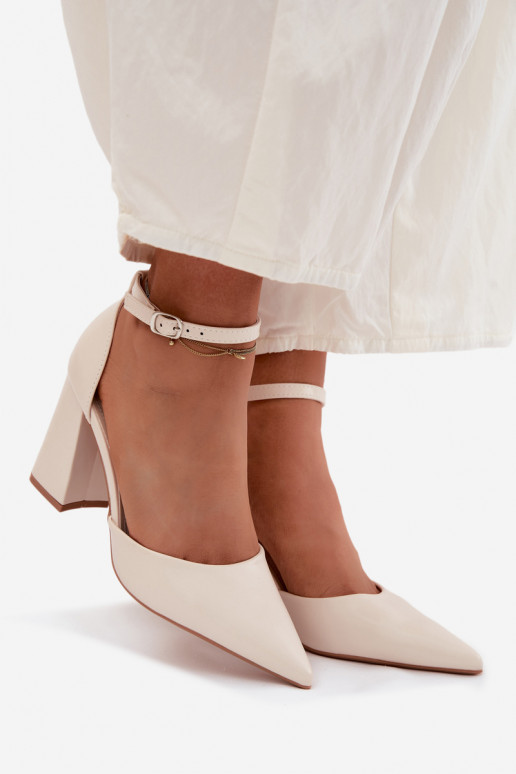 Light Beige Imitation Leather Block Heel Shoes Selvra