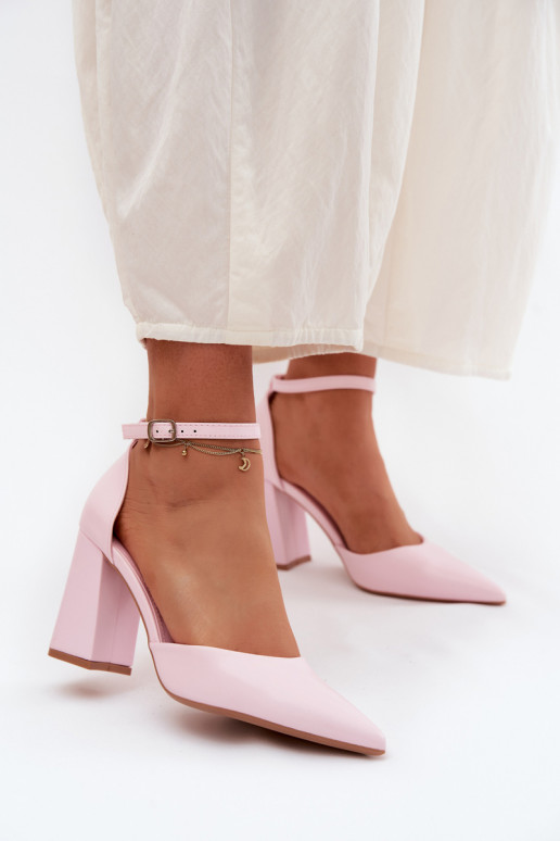 Pink Block Heel Shoes with Faux Leather Selvra