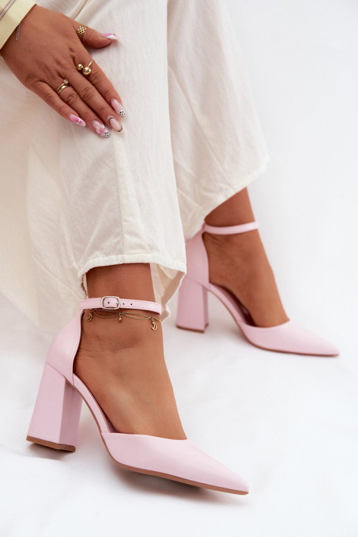 Pink Block Heel Shoes with Faux Leather Selvra