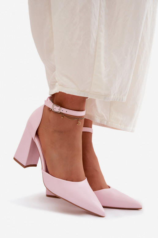 Pink Block Heel Shoes with Faux Leather Selvra