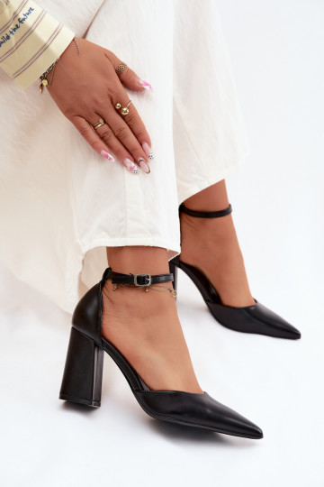 Black Imitation Leather Block Heel Shoes Selvra