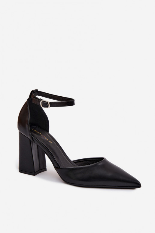 Black Imitation Leather Block Heel Shoes Selvra