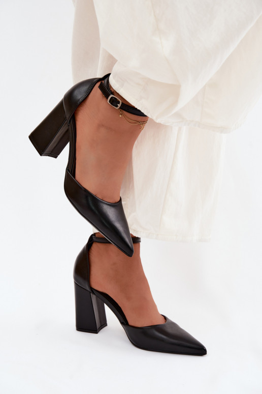 Black Imitation Leather Block Heel Shoes Selvra