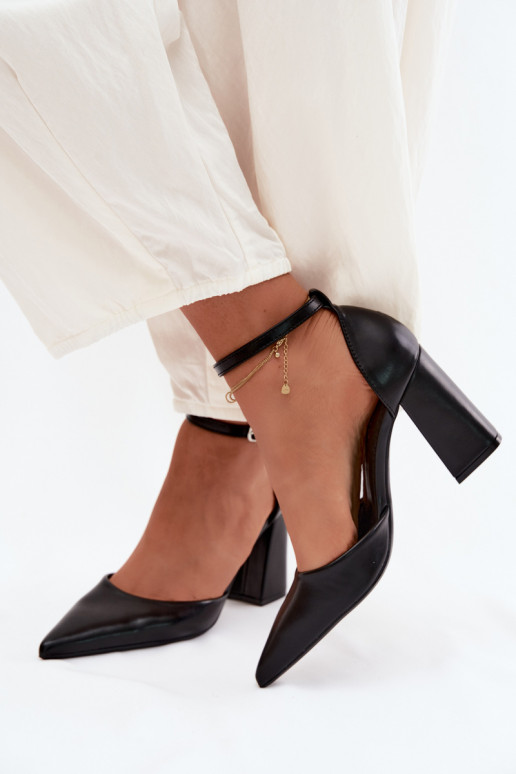 Black Imitation Leather Block Heel Shoes Selvra