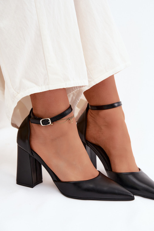 Black Imitation Leather Block Heel Shoes Selvra