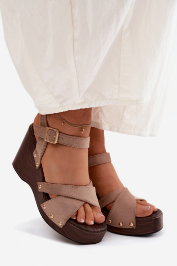 Women's Platform Sandals With Gold Buckles Beige Velvra