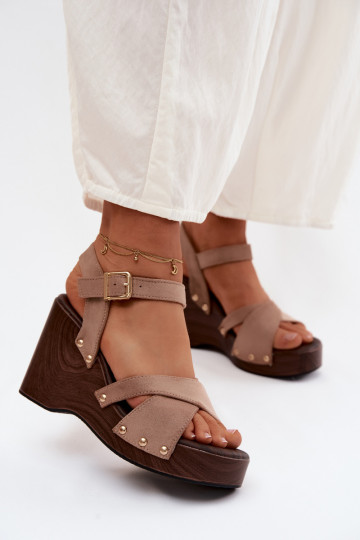 Women's Platform Sandals With Gold Buckles Beige Velvra 2