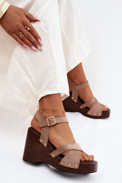 Women's Platform Sandals With Gold Buckles Beige Velvra