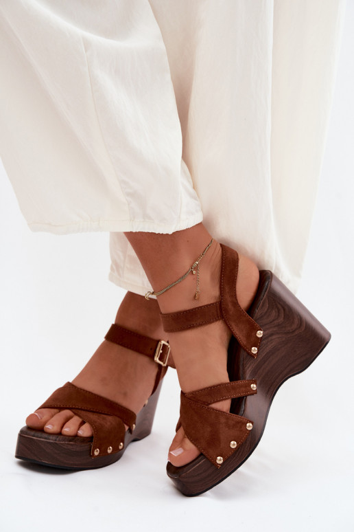 Women's platform sandals in faux suede with golden studs in brown color Velvra