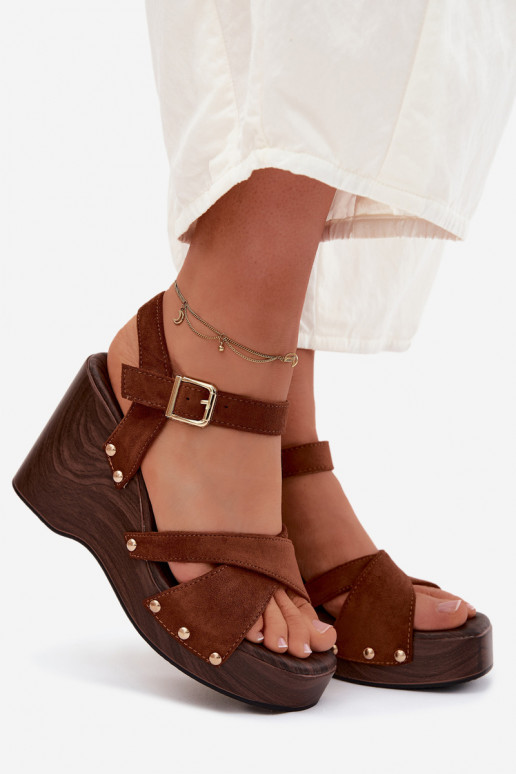 Women's platform sandals in faux suede with golden studs in brown color Velvra