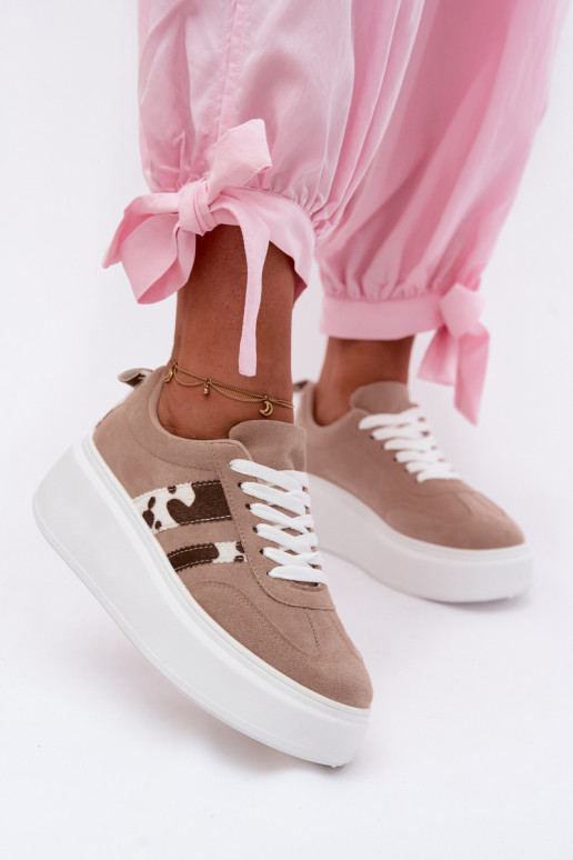 Women's Sneakers With Thick Platform and Faux Suede Patches Beige Averin