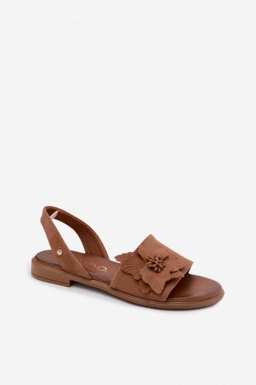 Leather Suede Flat Sandals With Decorative Flower Zazoo 407471 Brown