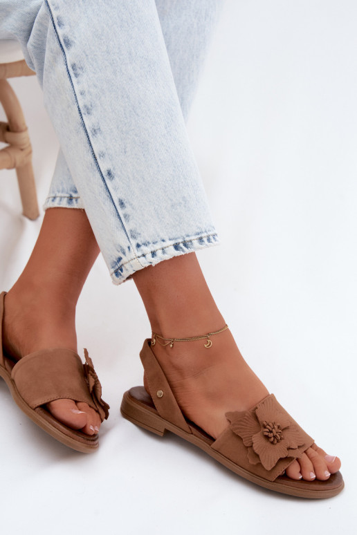 Leather Suede Flat Sandals With Decorative Flower Zazoo 407471 Brown