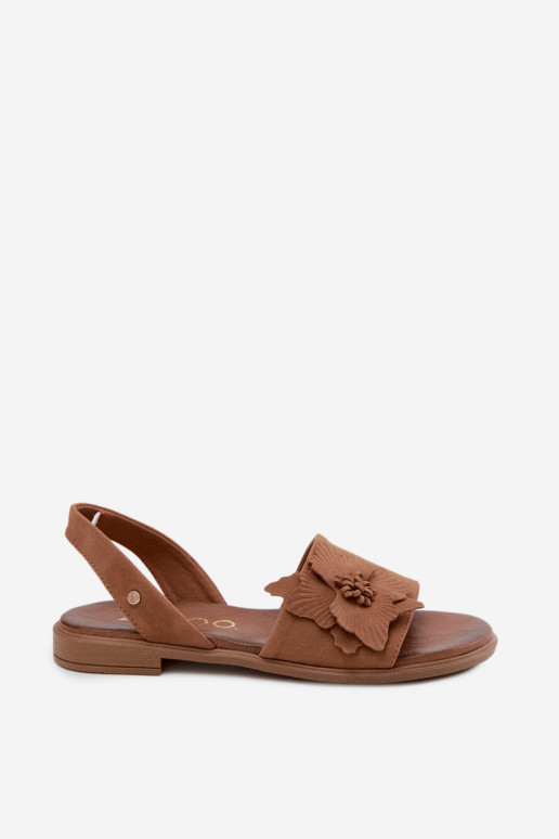 Leather Suede Flat Sandals With Decorative Flower Zazoo 407471 Brown