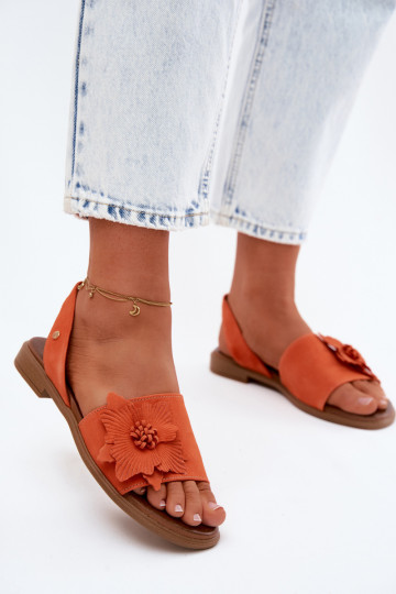 Leather Suede Flat Sandals With Decorative Flower Zazoo 407471 Orange
