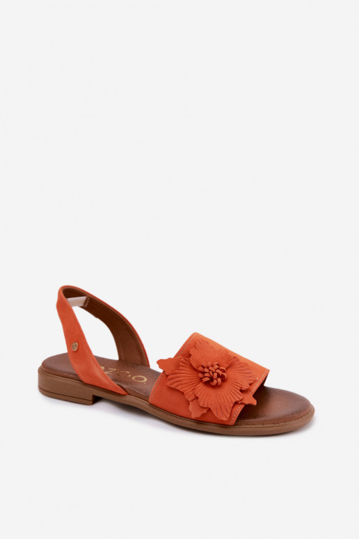 Leather Suede Flat Sandals With Decorative Flower Zazoo 407471 Orange