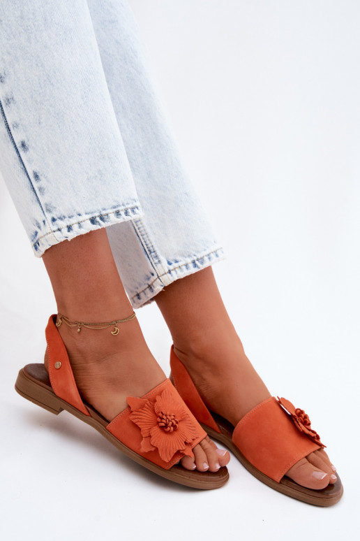 Leather Suede Flat Sandals With Decorative Flower Zazoo 407471 Orange