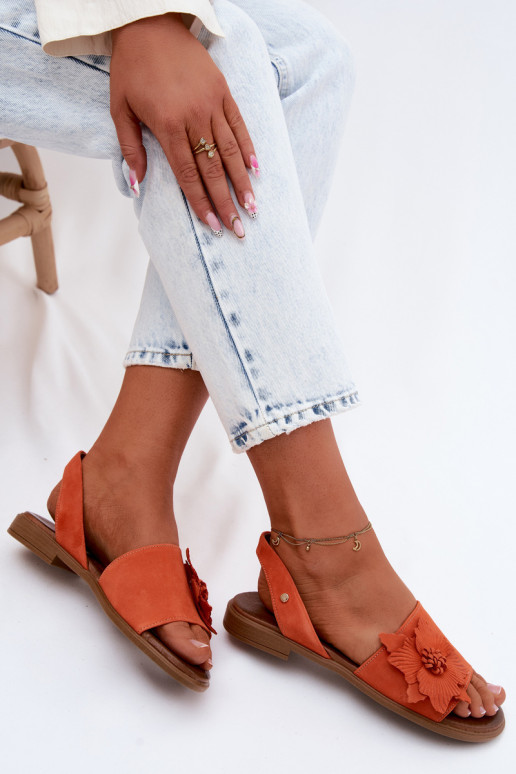 Leather Suede Flat Sandals With Decorative Flower Zazoo 407471 Orange