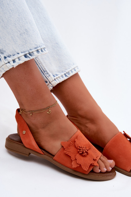 Leather Suede Flat Sandals With Decorative Flower Zazoo 407471 Orange