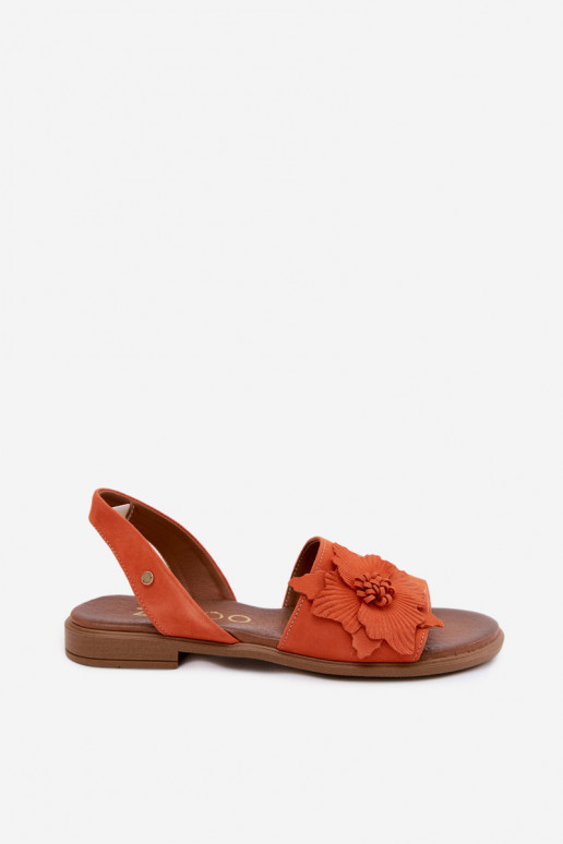 Leather Suede Flat Sandals With Decorative Flower Zazoo 407471 Orange
