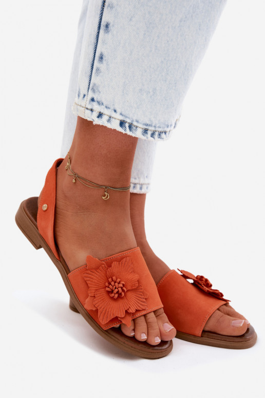 Leather Suede Flat Sandals With Decorative Flower Zazoo 407471 Orange