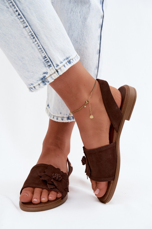 Leather Suede Flat Sandals With Decorative Flower Zazoo 407471 Chocolate