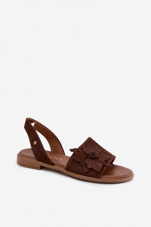 Leather Suede Flat Sandals With Decorative Flower Zazoo 407471 Chocolate