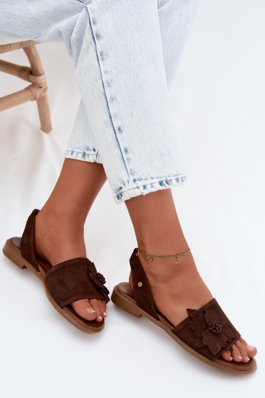 Leather Suede Flat Sandals With Decorative Flower Zazoo 407471 Chocolate